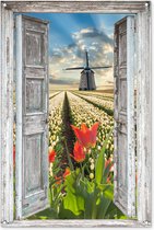Tuinposter - Lente - Doorkijk - Bloemen - Molen - Tuin - Tuinschilderij - 80x120 cm - Tuindoek doorkijk