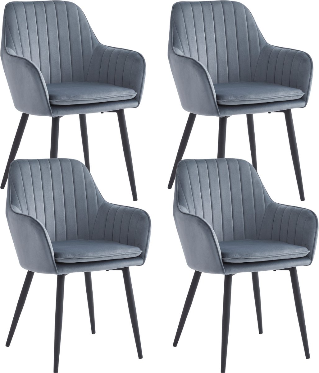 Colenis® - Lavinia Eetkamerstoel - Set Van 4 - Grijs - Fluweel - Velvet - Industrieel - Met armleuning
