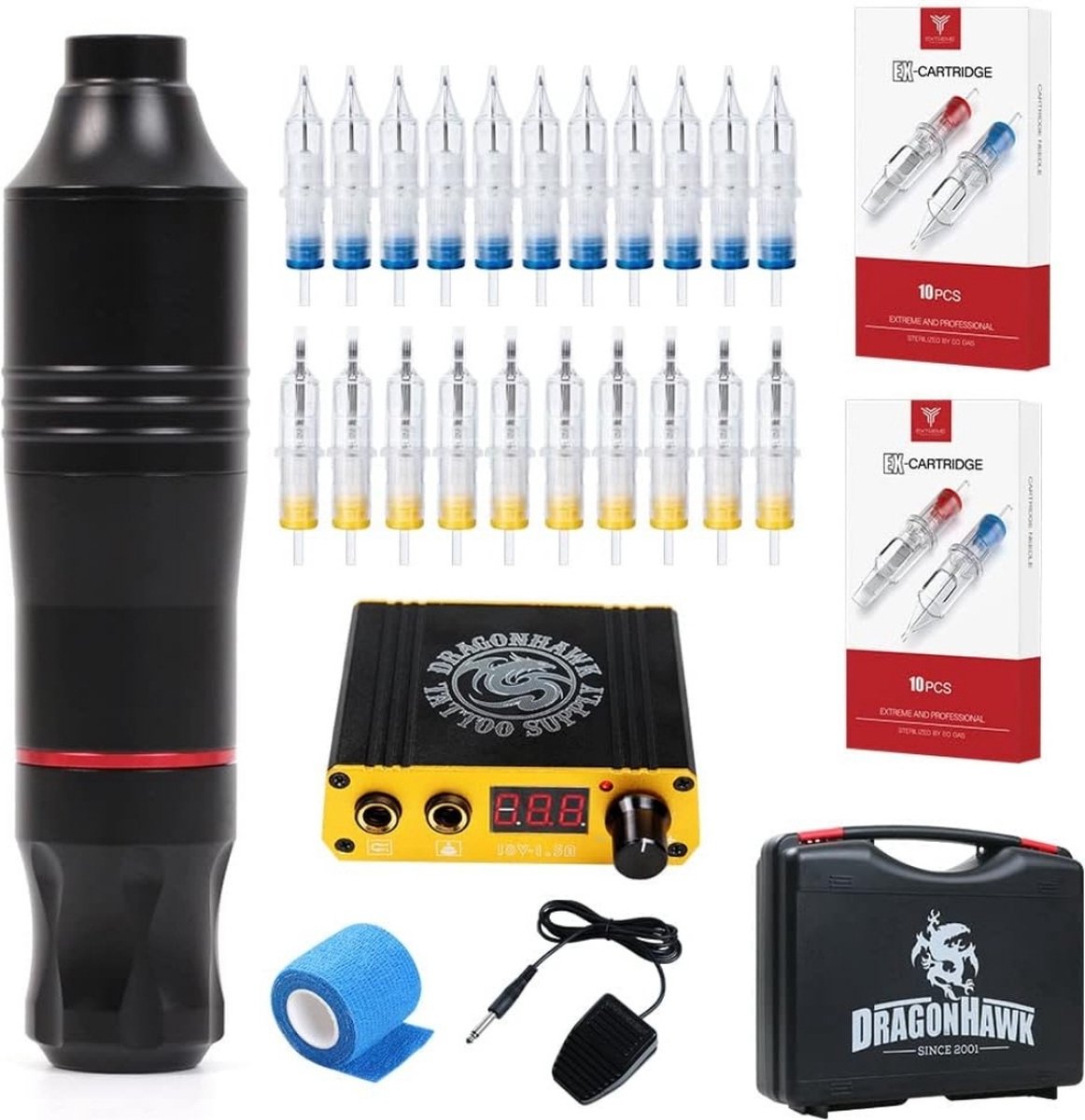 Tattoo Machine - Professionele Tattoo Set Volledig Met 20 Tatoeagenaalden - Tattoo Inkt Machine Set Compleet Geschikt Voor Langdurig Gebruik - Duurzaam - Zwart
