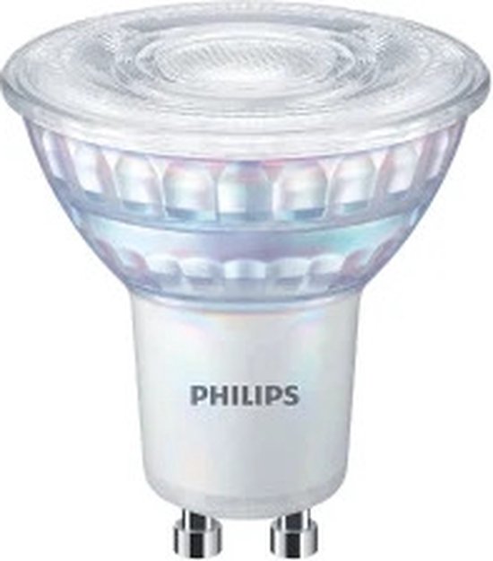 Philips LED spot GU10 met glazen kap en zilverkleurige fitting.