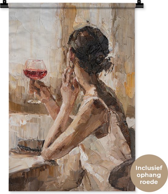 Wandkleed - Wanddoek - Schilderij - Olieverf - Vrouw - Wijn - 60x90 cm - Wandtapijt