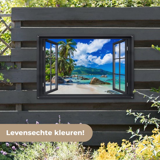 Tuinposters - Tuindecoratie - Doorkijk - Strand - Tropisch - Zomer - 120x80 cm - Tuin decoratie - Schutting decoratie - Tuinposter - Schuttingdoek - Buitenposter - Tuinversiering - Balkon decoratie - Tuinschilderij
