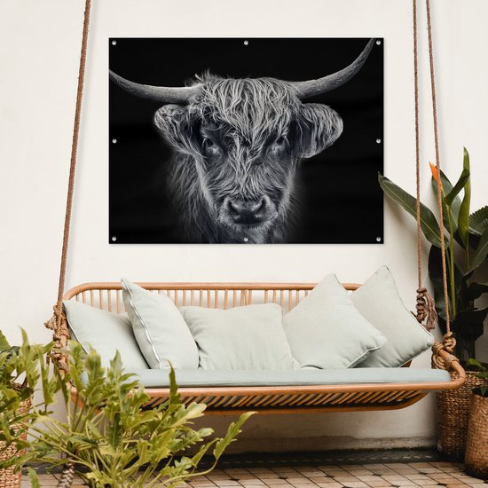 Affiche de jardin Highlander écossais - Zwart - Vache - Animaux - 130x90 cm - Décoration murale extérieure - Affiche de jardin - Toile de jardin - Affiche de clôture - Peinture de jardin
