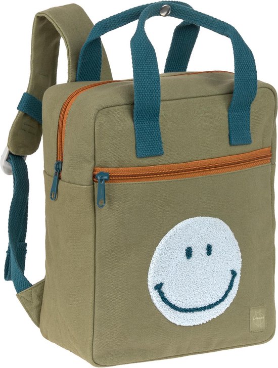 Olijfgroene kinderrugzak met een lichtblauwe smiley op de voorkant en turquoise handvatten.