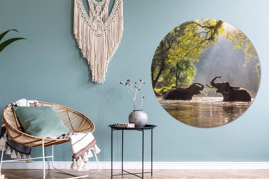 WallCircle - Peinture - Eléphants Jouant Dibond En - Multicolore - 140 X 140 Cm