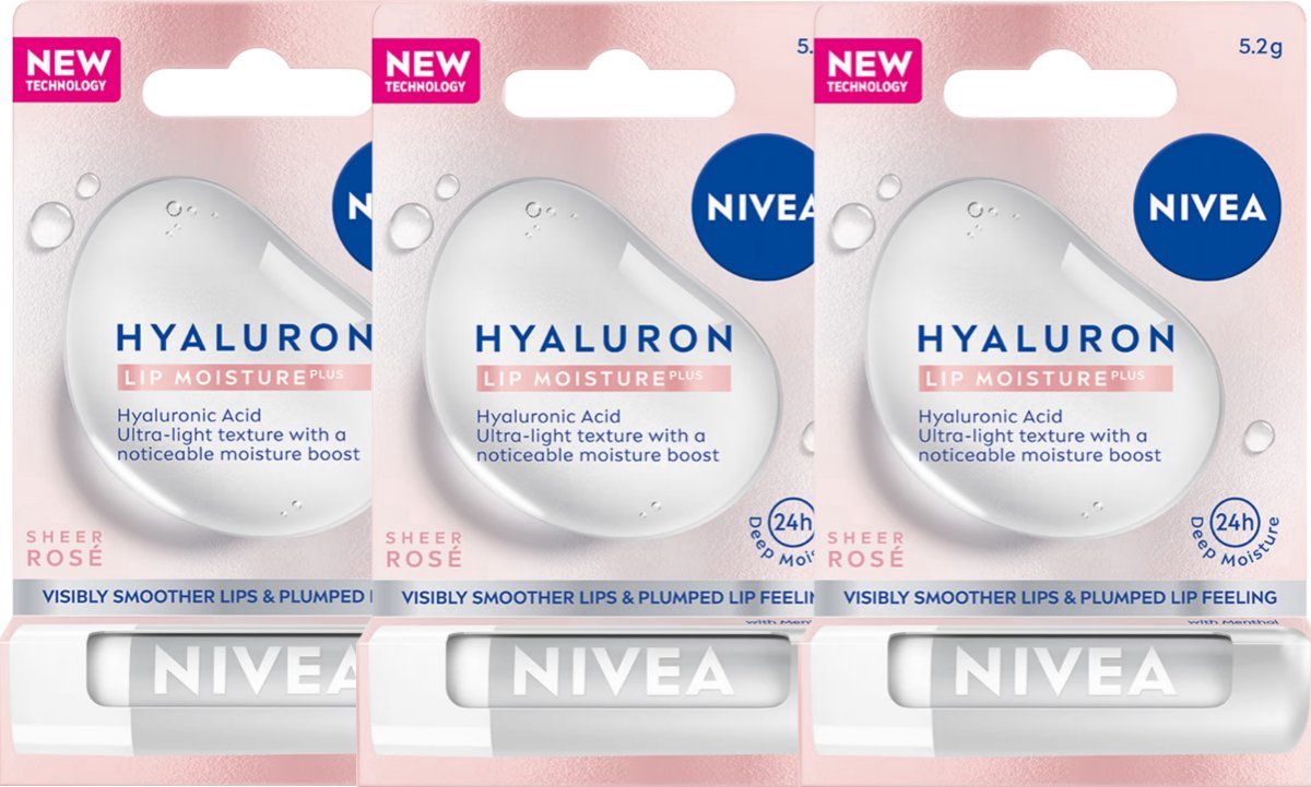 Goedkoopste Nivea Lippenbalsem Hyaluron Plus Sheer Rose - 3 x 5,2g - Lipbalm voor 24h Diepe Hydratatie - Merkbaar Zachte en Vollere Lippen