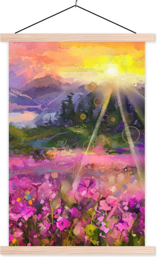 Posterhanger incl. Poster 60x90 cm - Schoolplaat - Schilderij - Olieverf - Bloemen - Natuur - Zon - Textielposter - Blanke latten