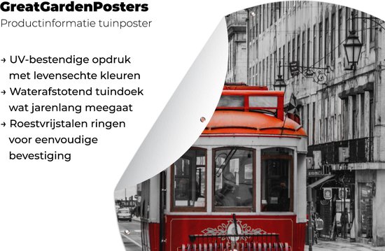 Tuincirkel Zwart-wit foto van een oude rode trein - 60x60 cm - Ronde Tuinposter - Buiten