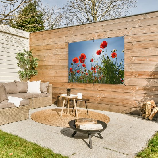 Affiche de jardin Soleil éclatant au-dessus de quelques coquelicots en Espagne - 130x80 cm - Décoration murale Extérieur - Affiche de jardin - Toile de jardin - Affiche de clôture - Peinture de jardin