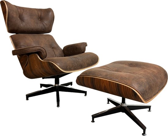Lounge Chair met hocker - XL - Bruin Vintage - Fauteuil - Stoel - Meubi - Palissander - Set