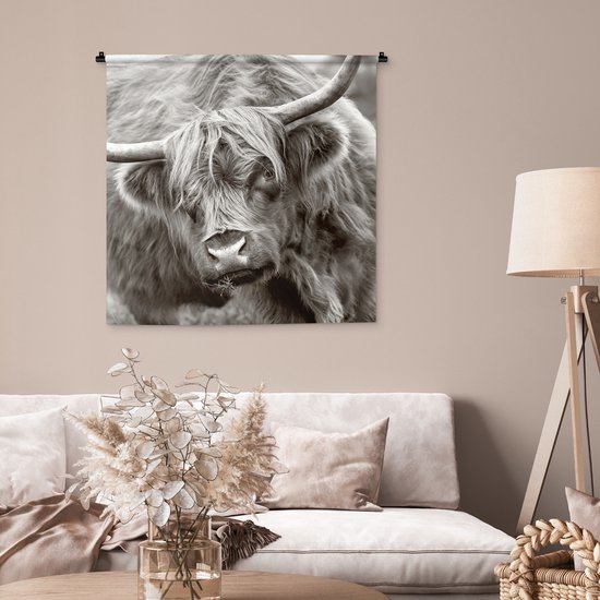 Wandkleed - Wanddoek - Schotse Hooglander - Zwart - Wit - Hoorns - 90x90 cm - Wandtapijt