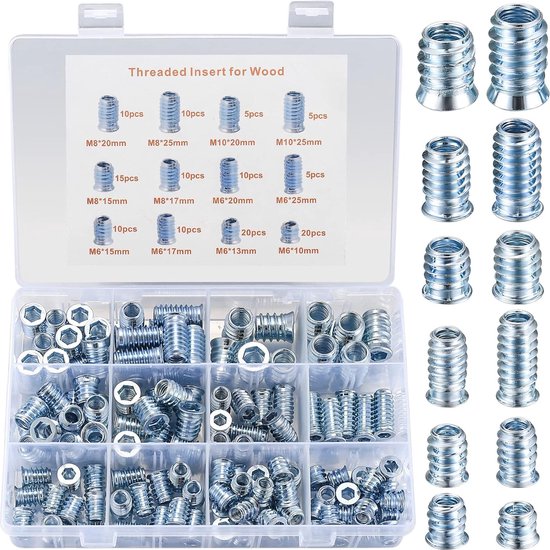 130-delige M6 M8 M10 Inzetmoeren, Metalen Inzetmoffen, Draadinzetstukken met Beschermende Rand, Draadmoeren, Zeskantmoeren met Schroeven, Uitermate Geschikt voor Hout