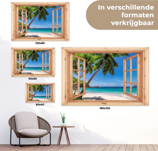 Poster de jardin Plage - Vue - Palmier - Mer - Île - Fenêtre marron clair - 120x80 cm - Toile de jardin - Poster extérieur