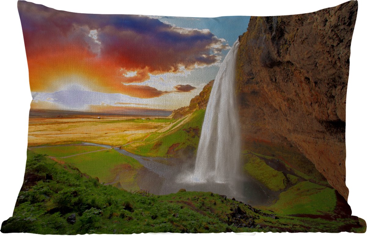 Buitenkussens - Tuin - Waterval - Rots - Zonsondergang - Bergen - Oranje - 50x30 cm