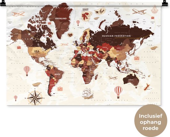 Wandkleed WereldkaartenKerst illustraties - Wereldkaart met namen van landen en verschillende illustraties in donkerrode en bruine kleuren Wandkleed katoen 90x60 cm - Wandtapijt met foto