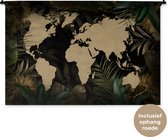 Wandkleed WereldkaartenKerst illustraties - Zandkleurige wereldkaart op zwarte achtergrond omlijst met bladeren en bloemen in geelgroen Wandkleed katoen 150x100 cm - Wandtapijt met foto