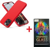 Solid hoesje Soft Touch Liquid Silicone + 1X Screenprotector Tempered Glass - Geschikt voor: iPhone 14 Pro - Rood