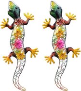 3x stuks grote metalen salamander gekleurd 42 x 17 cm tuin decoratie - Tuindecoratie salamanders - Dierenbeelden hangdecoraties