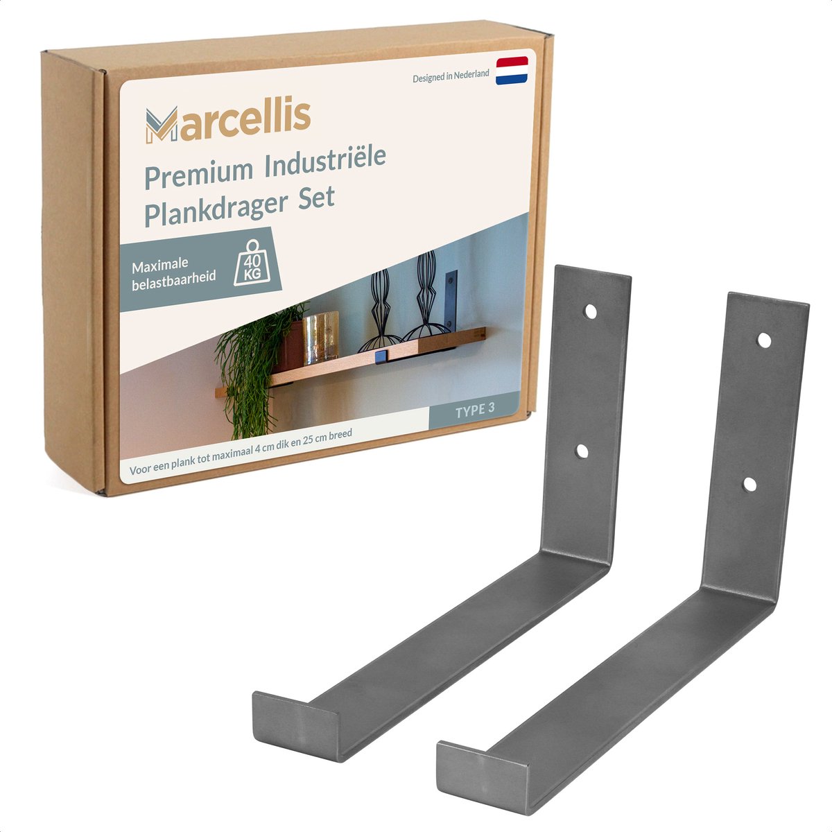 Marcellis - 2x Industriële plankdrager - Voor plank 25cm + schroefset - roestvrij staal - T4