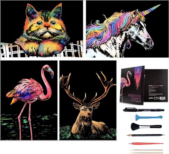 Scratch Art 4x A4 Deluxe Set | Incl. 7 Tools | Kinderen en Volwassenen | Magic Kras Tekeningen Kraskaarten Krasfolie Kraskaart | Knutselen Tekenen | Painting Schilderen op Nummer Diamond Painting | Knutselpakket Tekenpakket Handwerken