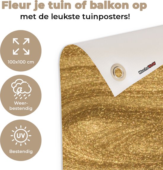 Tuinposter 100x100 cm - Tuindecoratie Goud - Glitter - Abstract - Luxe - Poster voor in de tuin - Buiten decoratie - Schutting tuinschilderij - Tuindoek muurdecoratie - Wanddecoratie balkondoek