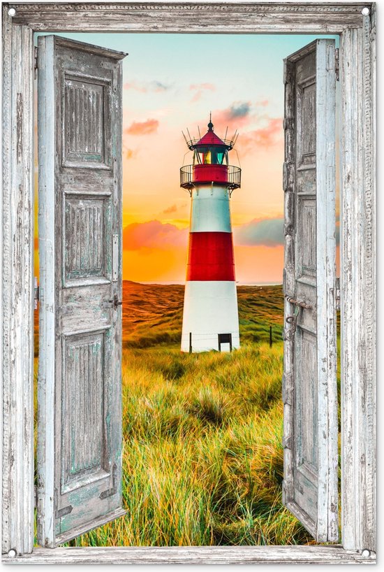 Tuinposter 80x120 cm - Vuurtoren - Doorkijk - Natuur - Zon - Landschap - Strand - Zee - Witte deur - Tuindecoratie voor buiten - Schutting decoratie - Muurdecoratie - Tuin schilderij - Tuindoek - Buitenposter
