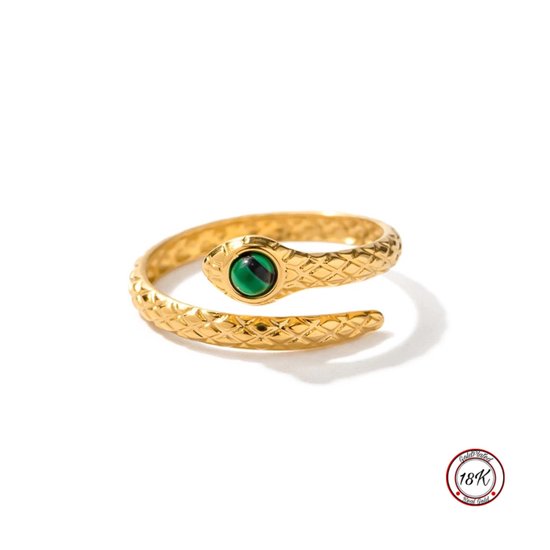 Soraro Slang Ring met Groene Natuursteen | 18K Goldplated | Goudkleurig | Elegante Ring | Dames Ring | Klemring | Vrouwen Cadeau | Moederdag