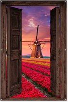 Tuinposter 120x180 cm - Bloemen - Doorkijk - Tulpen - Bloemenveld - Windmolen - Holland - Donkerbruine deur - Tuindecoratie voor buiten - Schutting decoratie - Muurdecoratie - Tuin schilderij - Tuindoek - Buitenposter