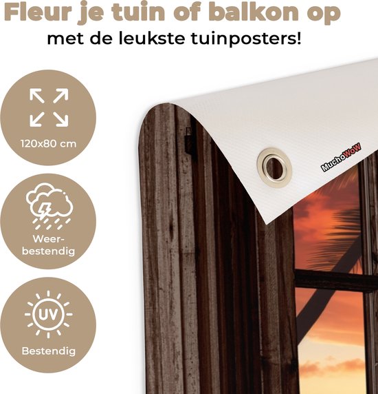 Poster de jardin Coucher de soleil - Vue - Plage - Palmiers - Mer - Fenêtre marron foncé - 120x80 cm - Toile de jardin - Poster extérieur