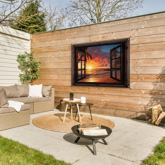 Poster de jardin Coucher de soleil - Vue - Plage - Palmiers - Mer - Fenêtre marron foncé - 120x80 cm - Toile de jardin - Poster extérieur