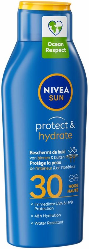 NIVEA SUN Protect & Hydrate Sonnenmilch LSF 30 – 200 Ml, Wasserfest, Mit 48h Feuchtigkeit, Vitamin E