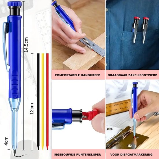 PigMig Crayon de Chantier - Set Rechargeable Menuisier avec 12 Mines - Crayons de Marquage Rouge/Bleu