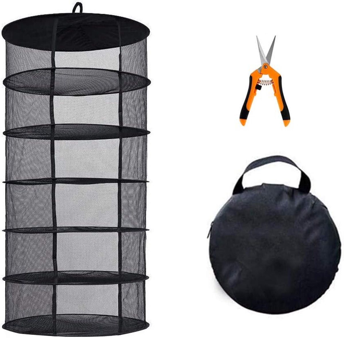 Droognet, hangende kruidendroger, 6 niveaus, zwart, (D60 x H120 cm)