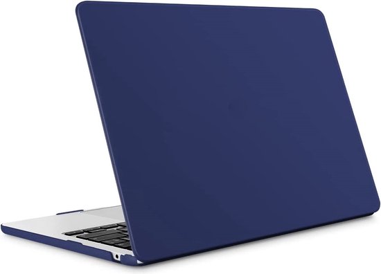 Mat blauwe MacBook Air 13,6 inch hoes, open met toetsenbord zichtbaar.