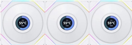 Lian Li UNI FAN TL 120 Reverse White - Ventilatorhuis - 3-pack - 120mm - 64 CFM - 350 - 1600 RPM - 29.4 dBA - FDB - 4-pin PMW - 1.6" LCD Scherm 400x400 - incl. controller - wit