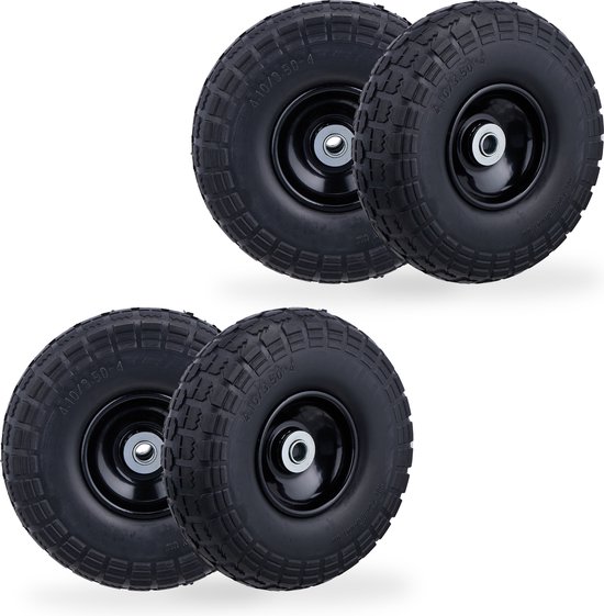 Relaxdays steekwagenwiel, 4.10/3.50-4, set van 4, massief rubber, stalen velg, tot 150 kg, 260x85 mm, zwart