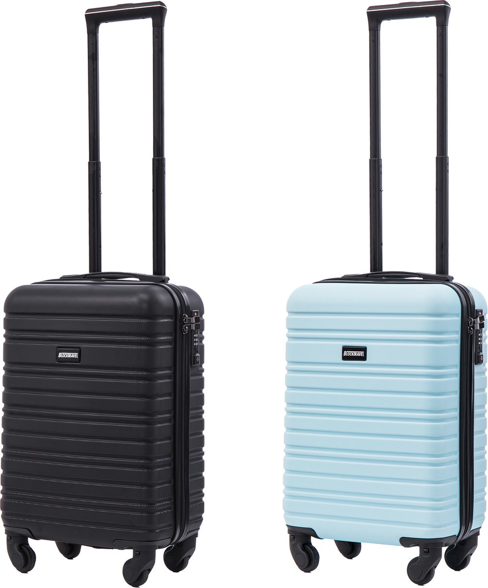 BlockTravel - kofferset - 2 delig - ABS - handbagage - met wielen afneembaar - 29 liter - inbouw TSA slot - zwart - licht blauw
