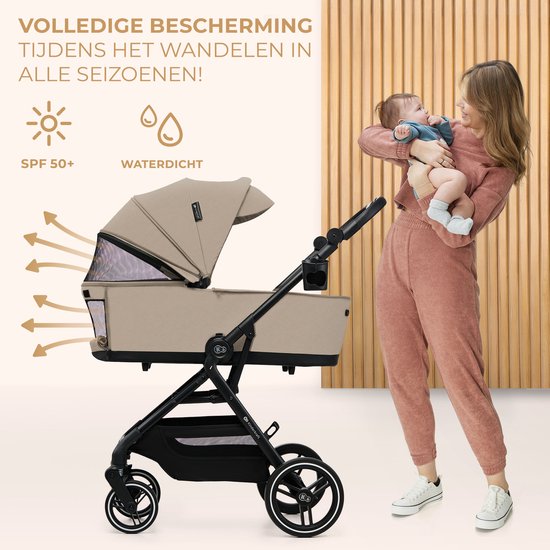 Kinderkraft YOXI - 2-in-1 Kinderwagen - Geschikt van geboorte tot 27 kg - Verstelbare rugleuning en voetensteun - Opvouwbaar en lichtgewicht - Inclusief regenscherm, voetenzak, muggennet, bekerhouder en luiertas - Duurzame, lekvrije wielen - Beige van Kinderkraft — afbeelding 4