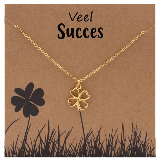 Bixorp Luck Cadeau Ketting "Veel Succes" - Goud Verguld - Klavertje Vier Hanger in Cadeauverpakking - 38+8cm