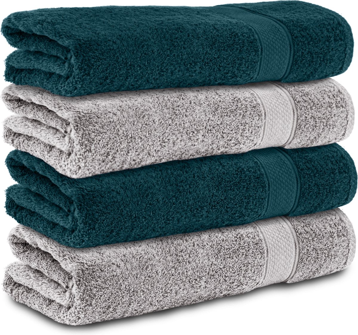 Komfortec handdoeken – Set van 4 - Badhanddoek 70x140 cm - 100% Katoen – Petroleumblauw&Grijs