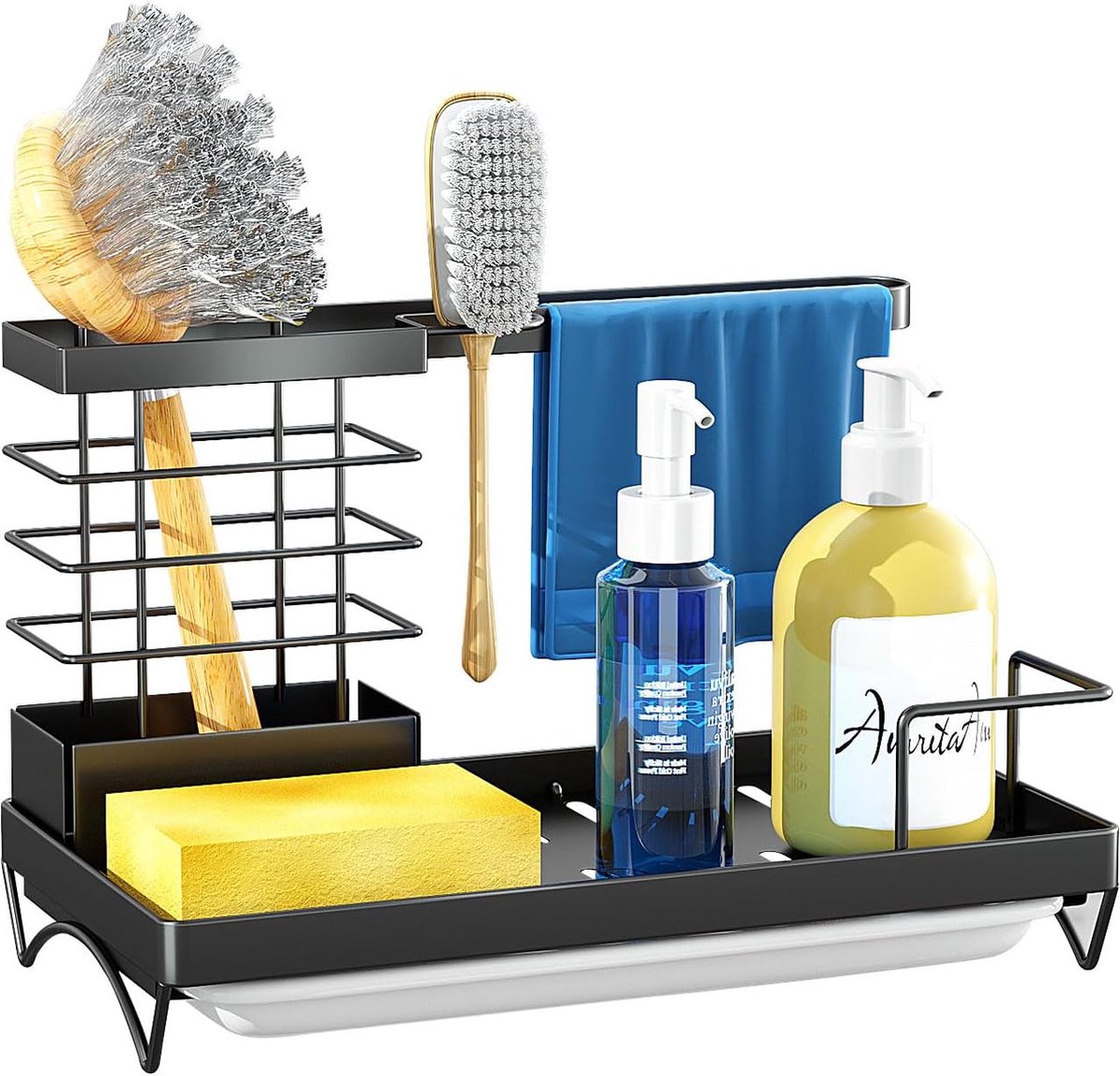 Gootsteenorganizer Afdruiprek Keuken Vaatdoekhouder Druppelrek met keukengereihouder Spons RVS Gootsteenorganizer voor badkamer Houder met afvoerbak
