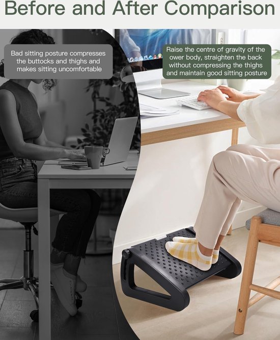 Vergelijking voor en na: zittend met slechte houding, voeten op ergonomische voetensteun.