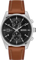 BOSS HB1514161 SKYTRAVELLER Heren Horloge - Chronograaf - Mineraalglas - Staal/Leer - Bruin/Zilverkleurig - 44 mm breed - Quartz - Gesp - 5 ATM (douchen)