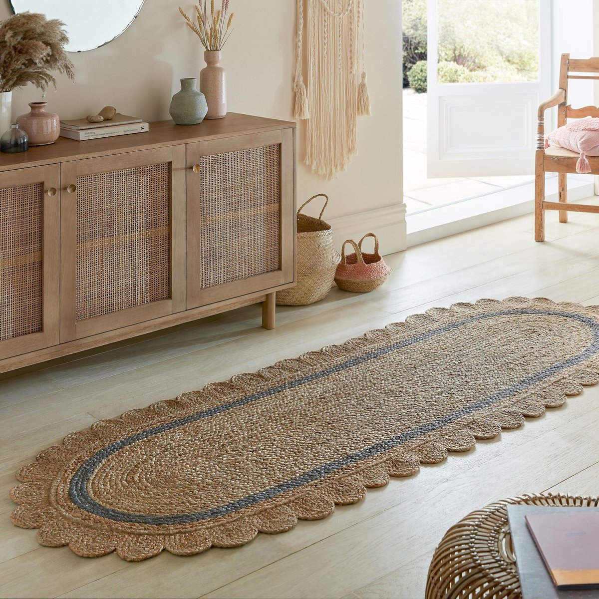 Flycarpets Loper Grace Modern Jute - Laagpolig Vloerkleed - Naturel / Grijs - 80x230 cm