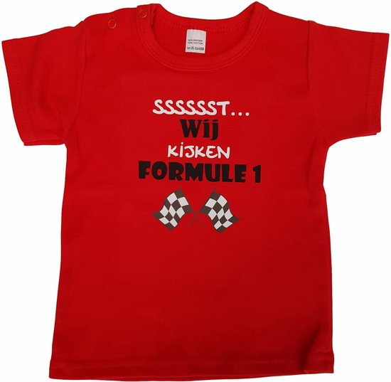 Rood baby t-shirt met "Sssssst... Wij kijken Formule 1" - maat 80 - babyshower, zwanger, cadeautje, kraamcadeau, grappig, geschenk, baby, tekst, bodieke, racen