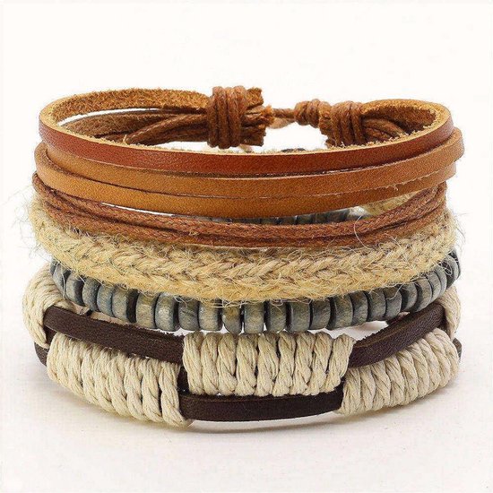 Bracelets Amanto Ciaro - Homme - Perles - Corde - Cuir - 4 pièces - 20-23 cm