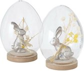 Pasen-2 pièces oeuf décoratif en verre avec lapin de Pâques et fleurs séchées 12x9cm