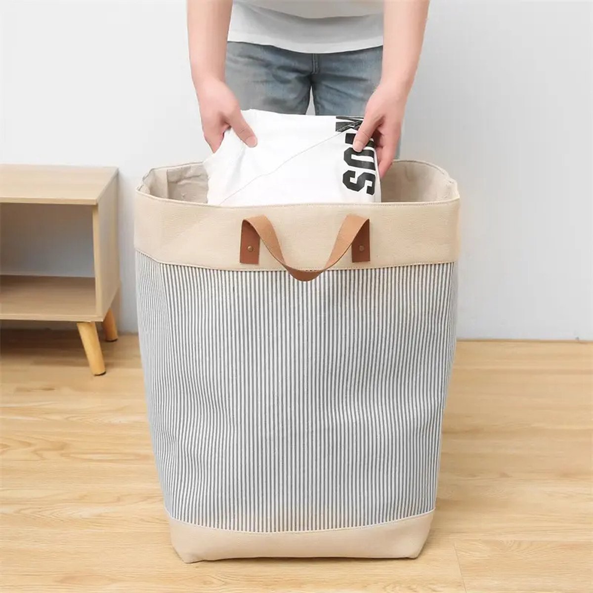 Goedkoopste NOVARTA, Opvouwbare wasmand van jute stof met lederen handvat, opbergtas, Laundry basket - Wasbox