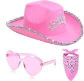 SET: Roze Cowboyhoed met Glitter Tiara Koord, Bril en Sjaaltje - RV Deals | Voor Cowgirls en Cowboys