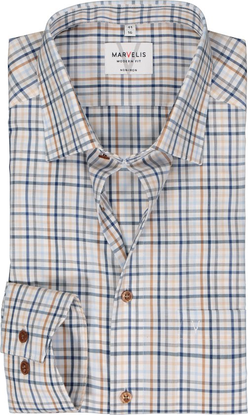 MARVELIS modern fit overhemd - popeline - wit met blauw en beige geruit - Strijkvrij - Boordmaat: 44